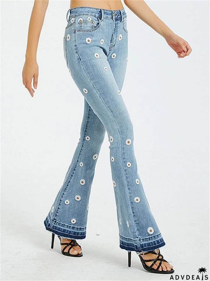 New Full Length Flower Embroidered Flare Denim Pants