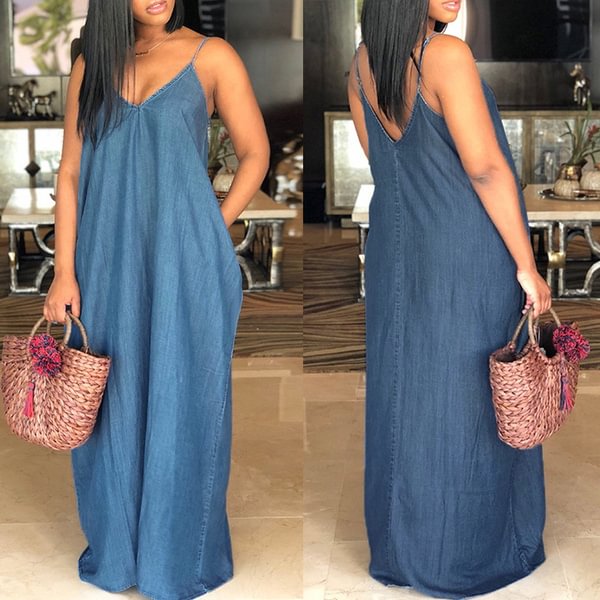 S-5XL Women Sexy Sleeveless Spaghetti Straps Denim Color Maxi Dress Summer Holiday Beach Sundress - BlackFridayBuys