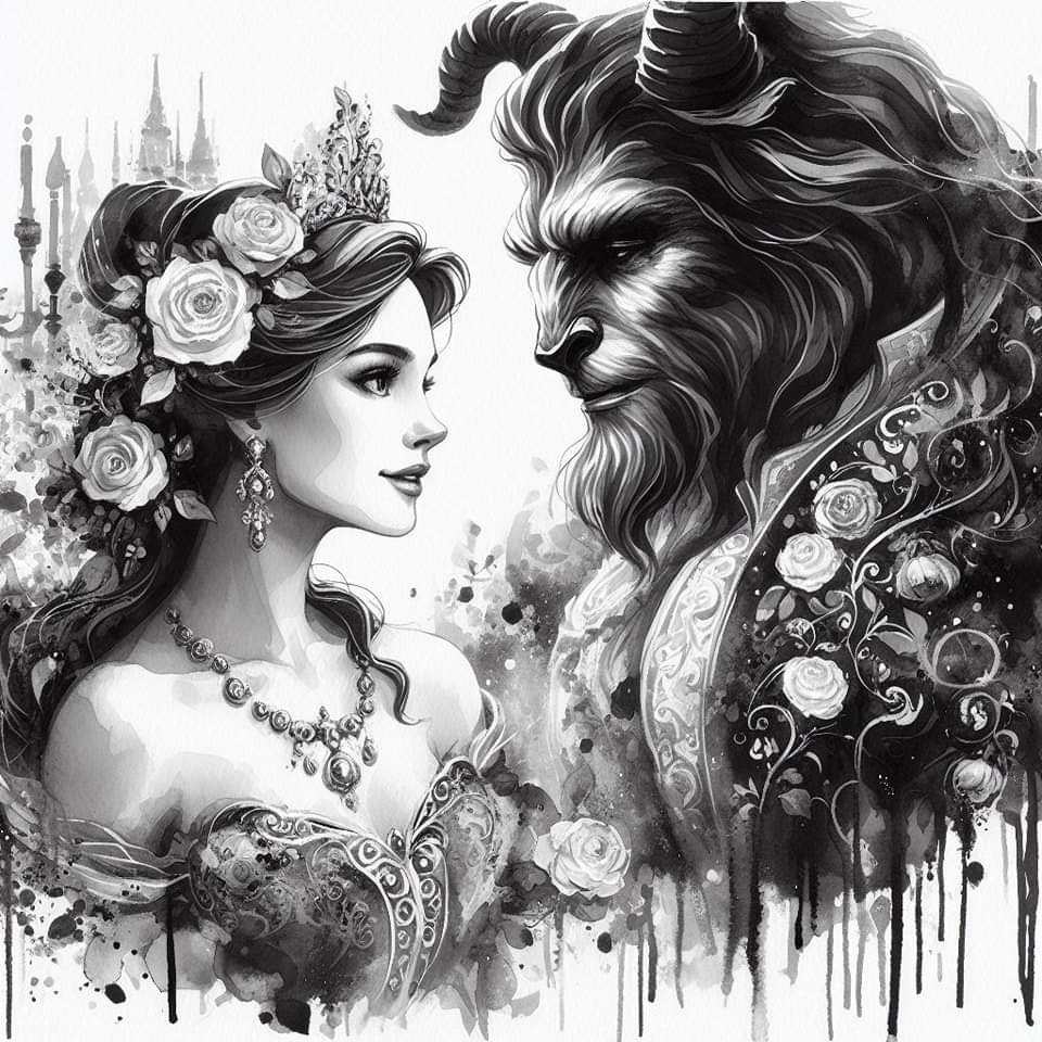 Black White Beauty and the Beast 40*40cm(canvas) full round drill diamond painting