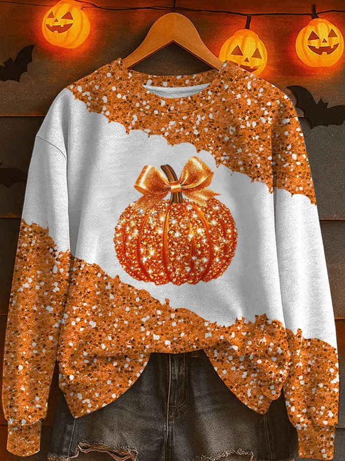Women's Sequin Pumpkin Print Crew Neck Sweatshirt 