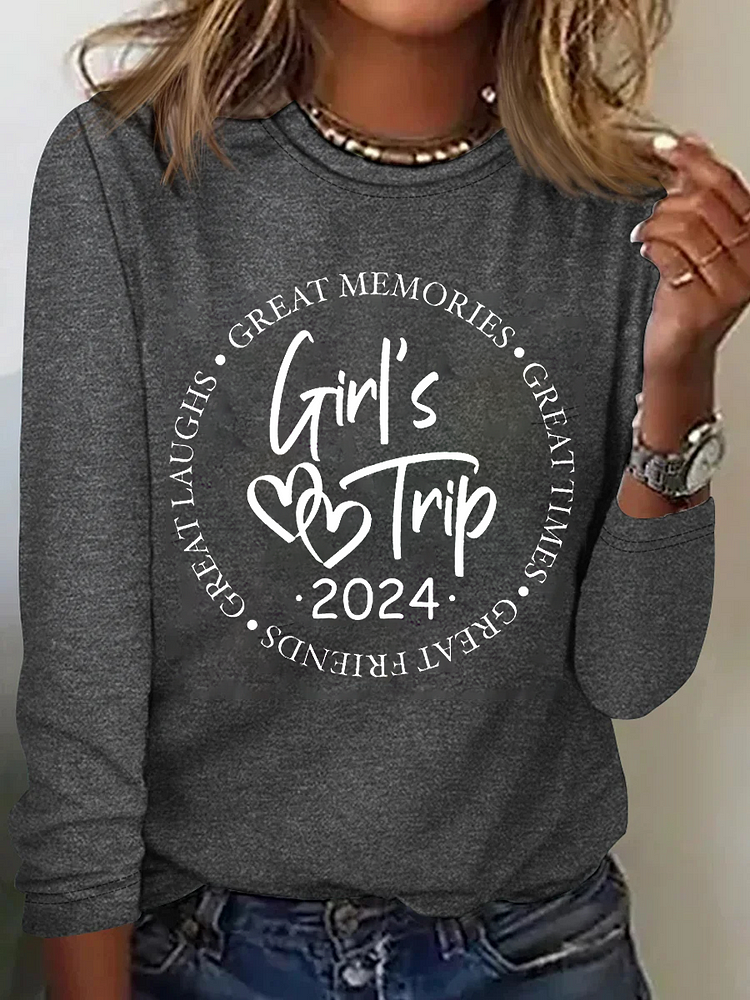 Women's Girl's Trip 2024 Funny Graphic Printing Text Letters Casual Regular Fit Crew Neck Shirt socialshop