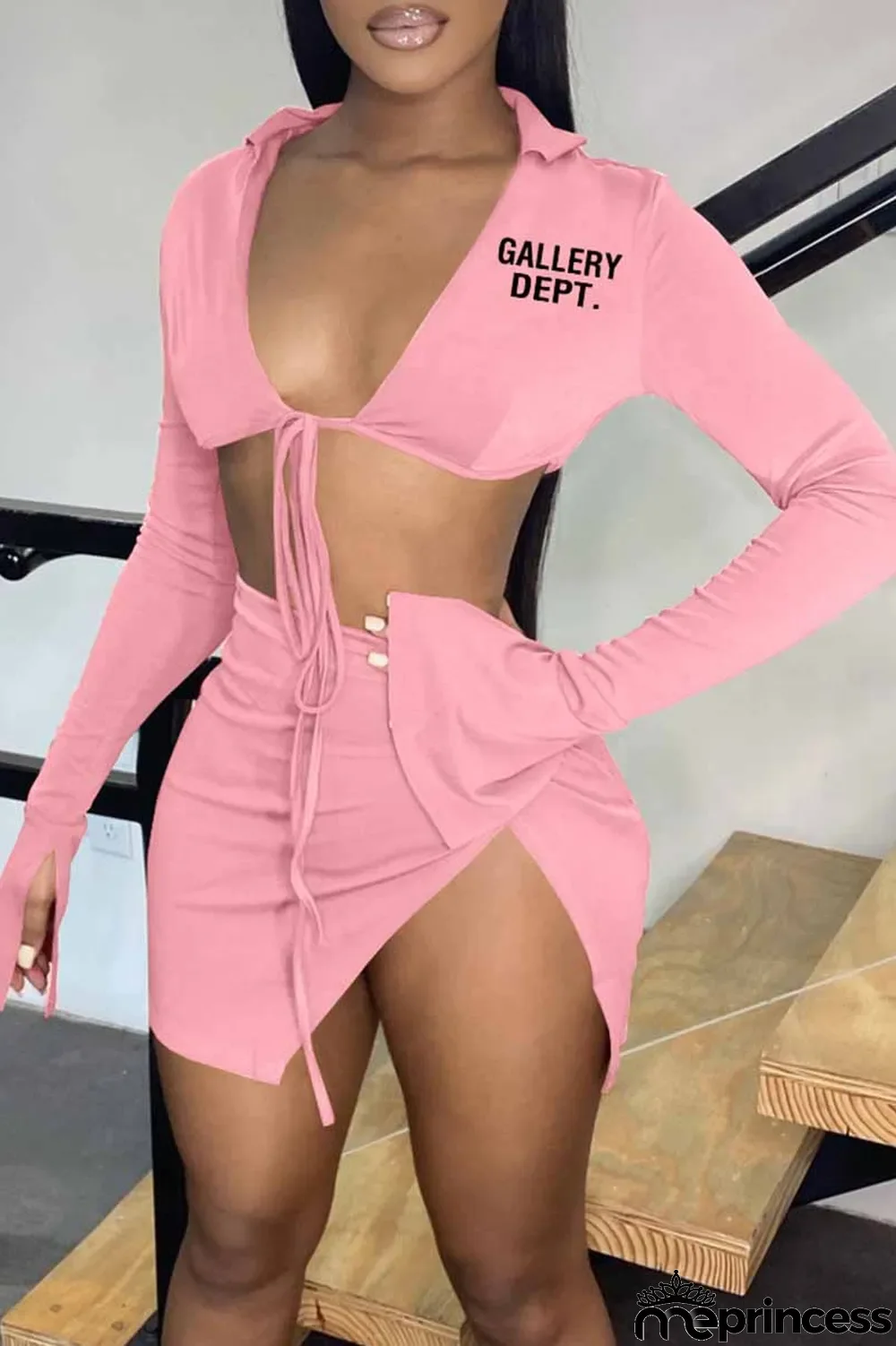 Pink Sexy Street Print Bandage Letter Turndown Collar Long Sleeve Two Pieces
