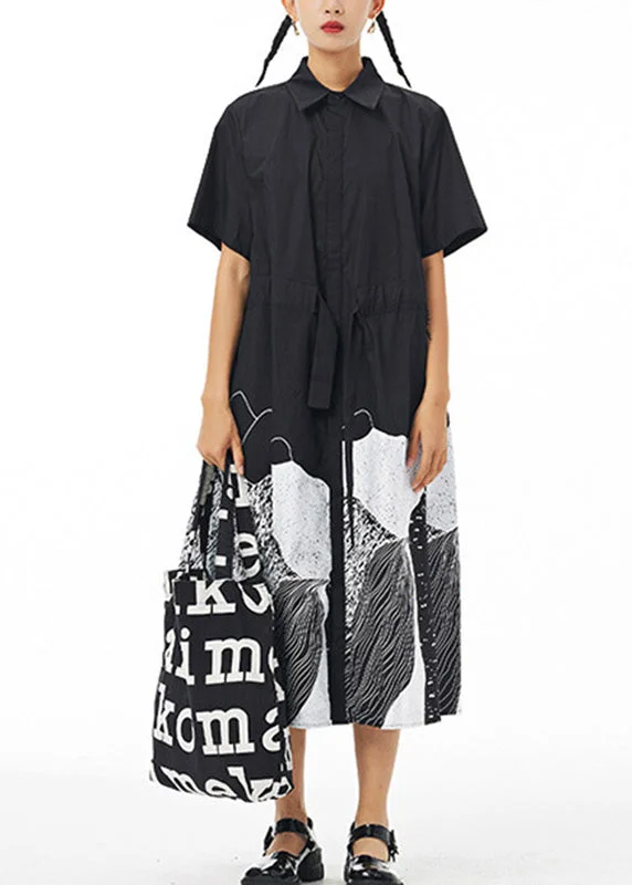 Unique Printed Long Sleeve Drawstring Pocket Shirt Midi Dress main image 0