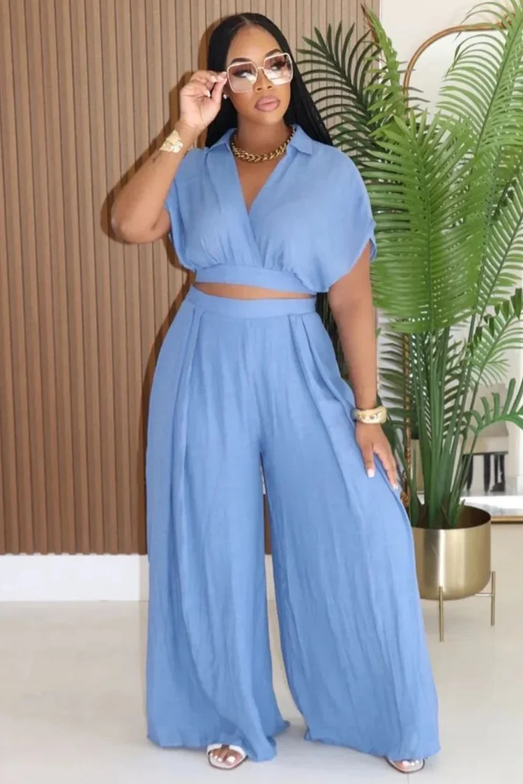 V Neck Dropped Shoulder Blouse Wide Leg Pants 2pcs Set-Pink