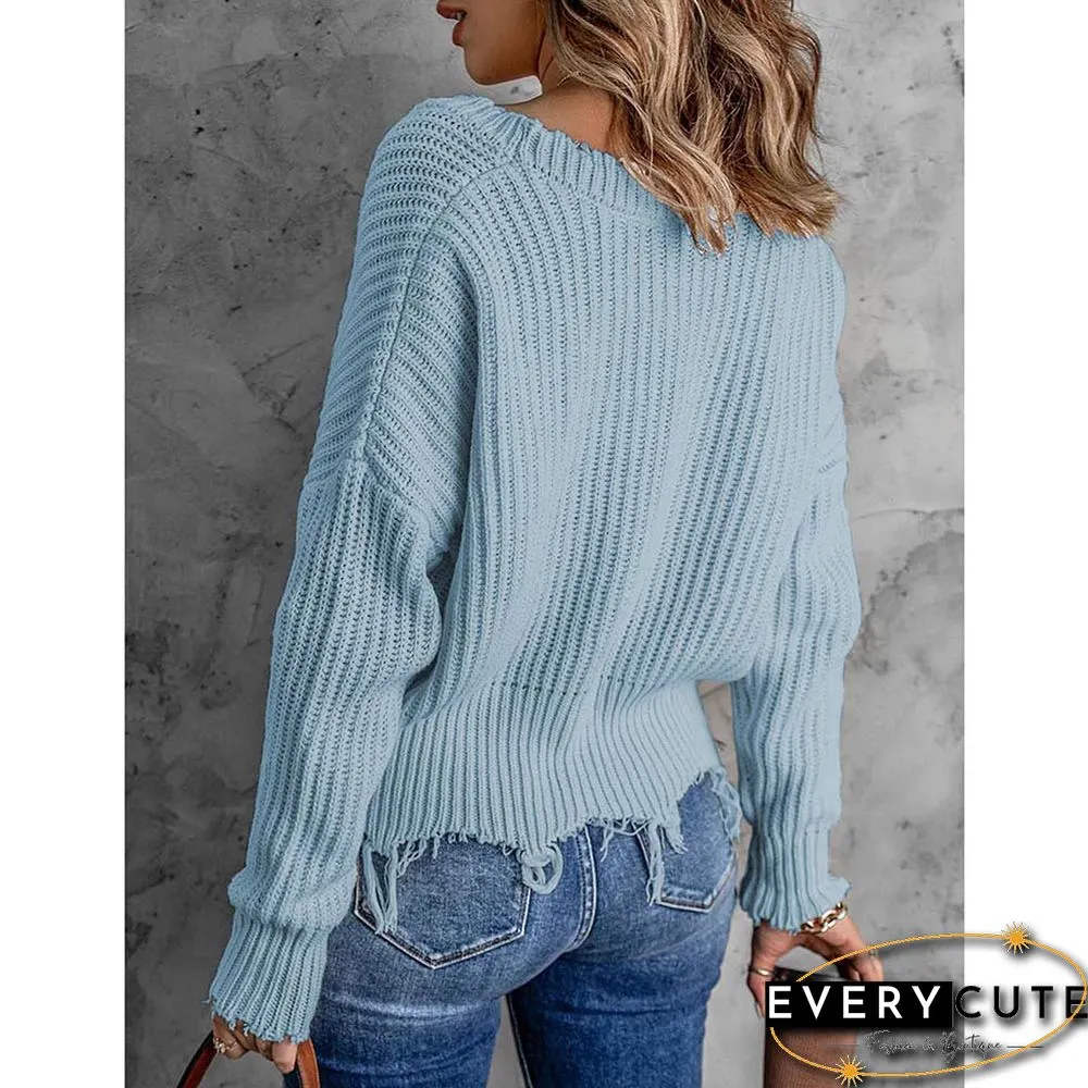 Light Blue V Neck Cotton Tasseled Knit Sweater