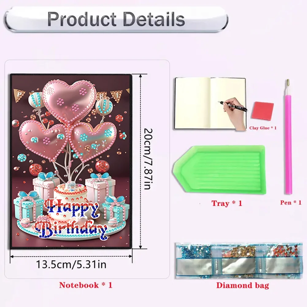 2pcs 50-Page A5 Birthday Cake Diamond Painting Notebook for Adults Holiday Gift
