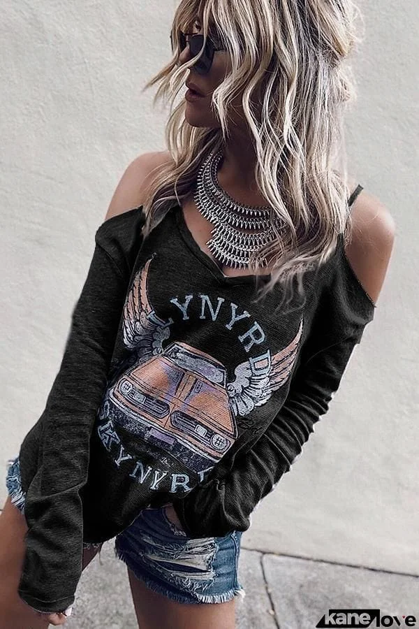 Print Cold Shoulder T Shirt