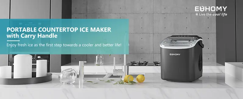 Product Introduction of EUHOMY Ice Maker Countertop with Handle. 26lbs in 24Hrs. 9 Ice Cubes Ready in 6 Mins. Auto-Cleaning Portable Ice Maker with Basket and Scoop. for Home/Kitchen/Camping/RV. (2024 New Silver) Utensils 0