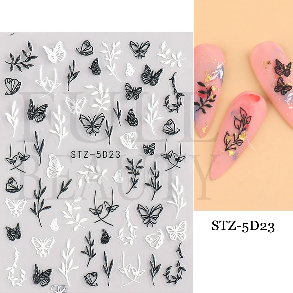 Churchf Nail Stickers Flowers Geometric Lines Decor Acrylic Embossed Sliders Gold Frame Nail Decals Cherry Blossom Manicure GLJI-5D05-Nail Inspo