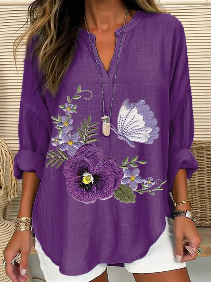 Women's Purple Flower Butterfly Print Alzheimer's Awareness Support Shirt