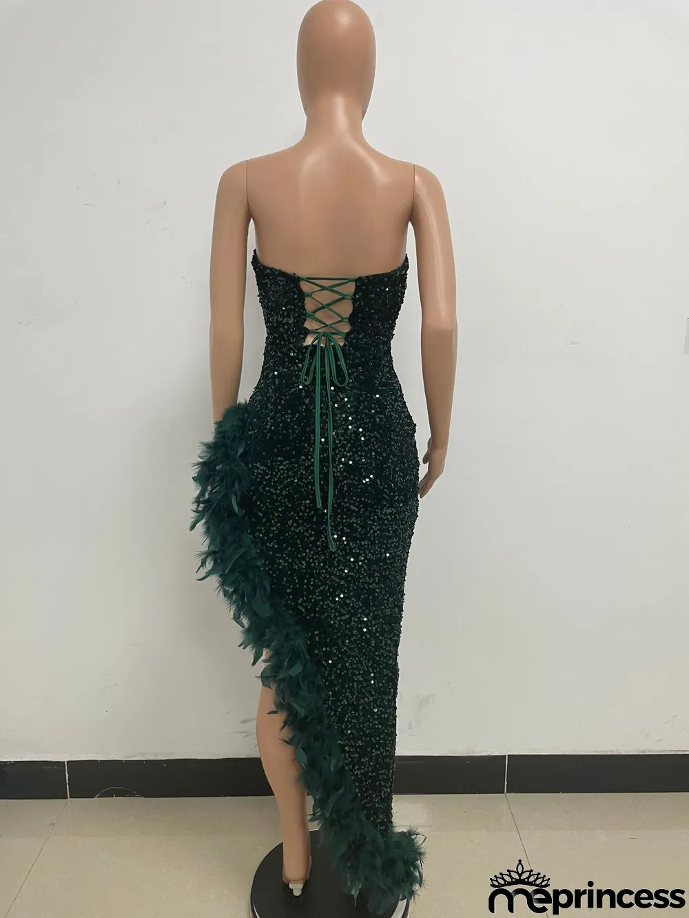 Women Sexy Off Shoulder Backless Sequin Feather Dress