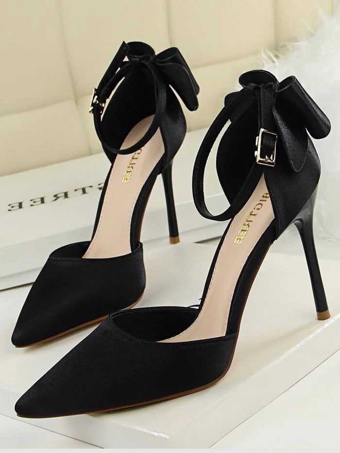 Stiletto high heel shallow pointy satin hollow back bow sandals