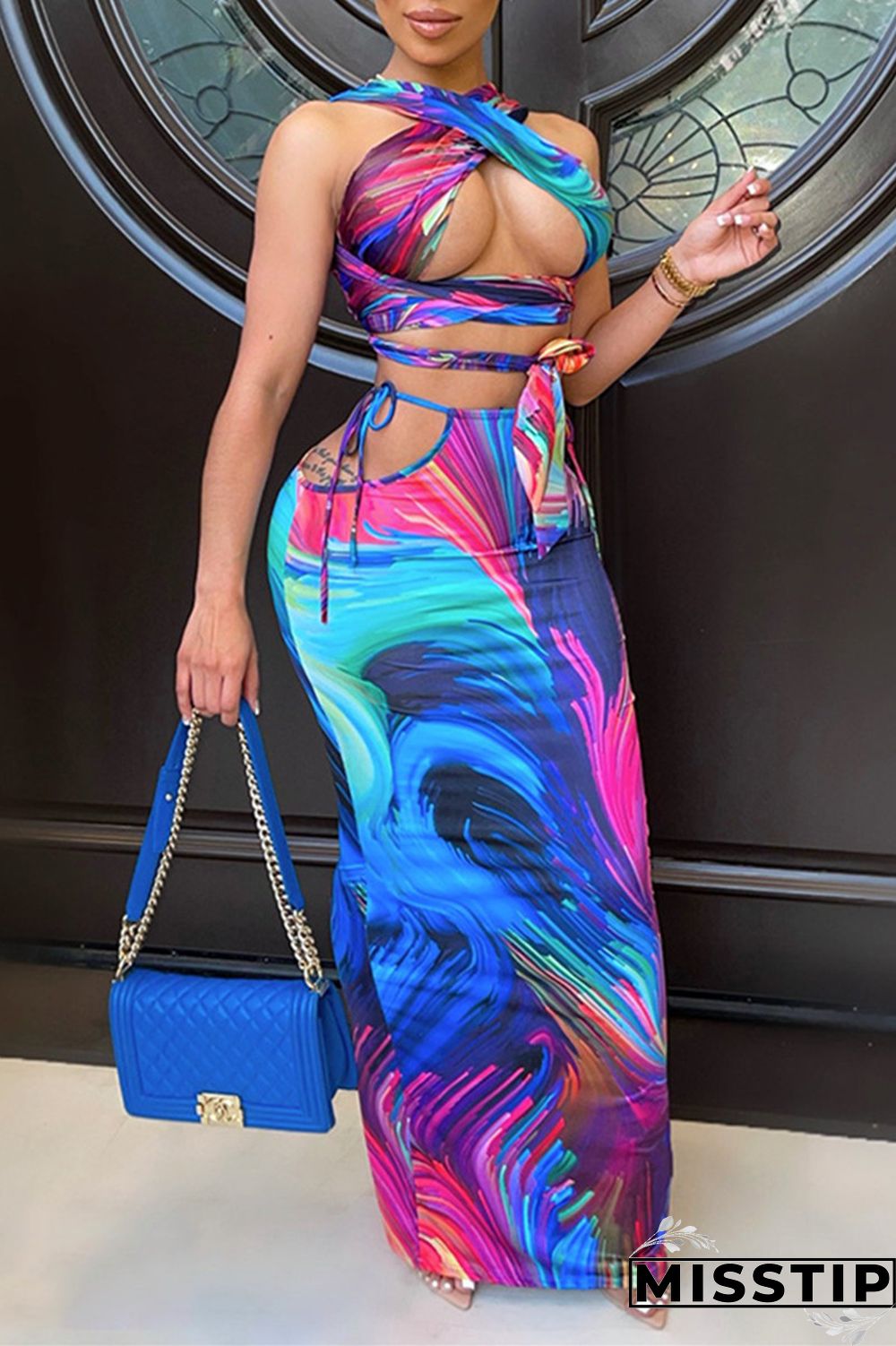 Gold Fashion Sexy Print Bandage Hollowed Out Backless Spaghetti Strap Sleeveless Two Pieces