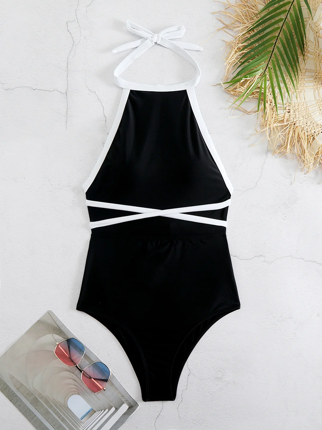 Uveng One-Piece Black And White Swimsuit Women 2025 New Sexy Bare Back Triangle Swimsuit