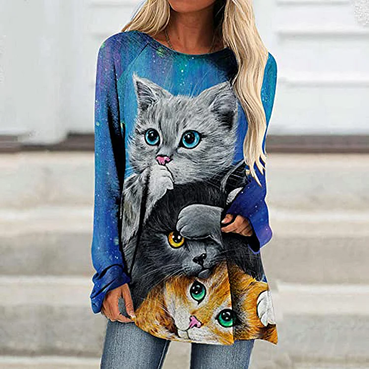Wearshes Cat Print Crew Neck Casual Tunic
