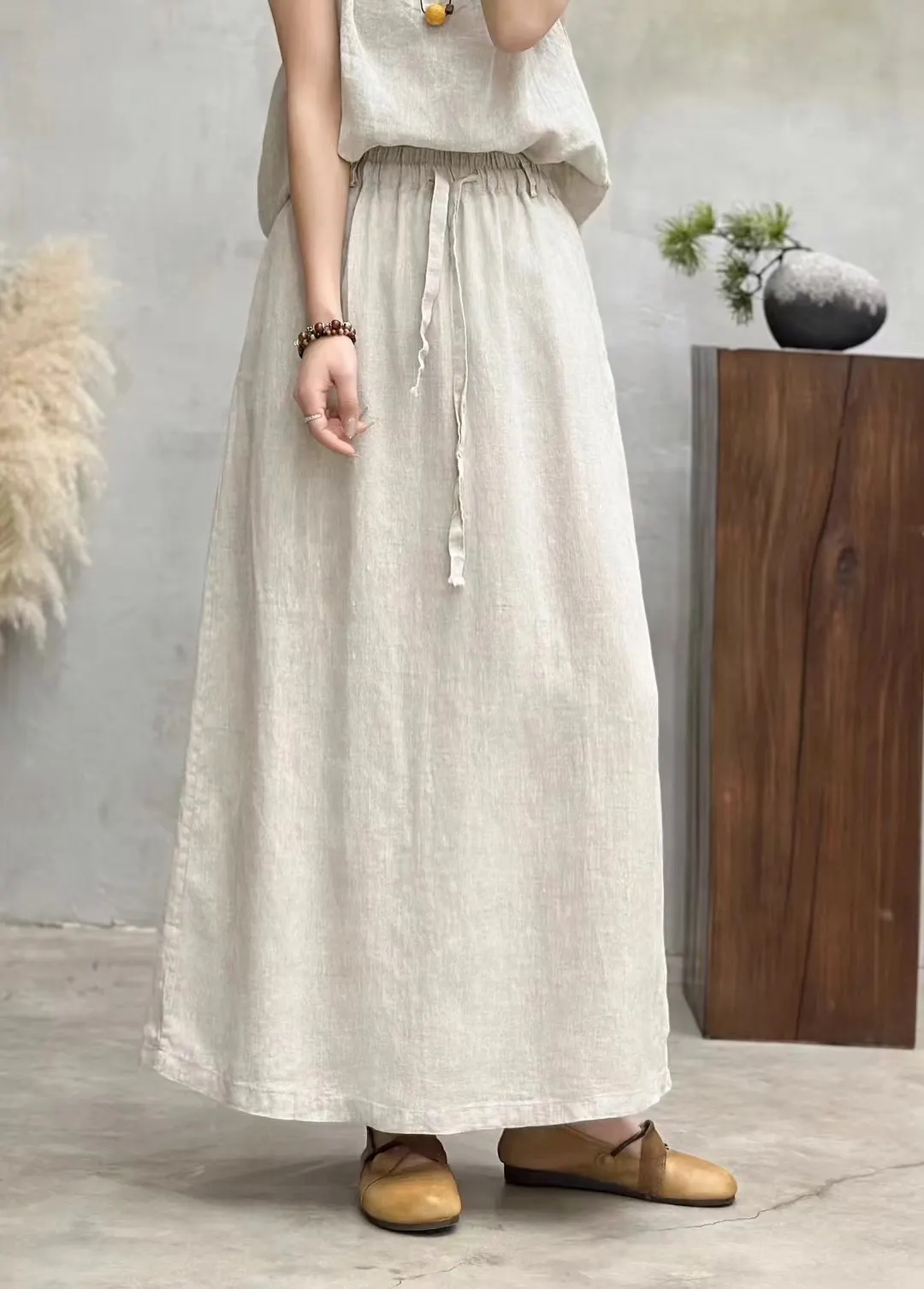Minimalist Linen Solid Color Elastic Waist Skirt