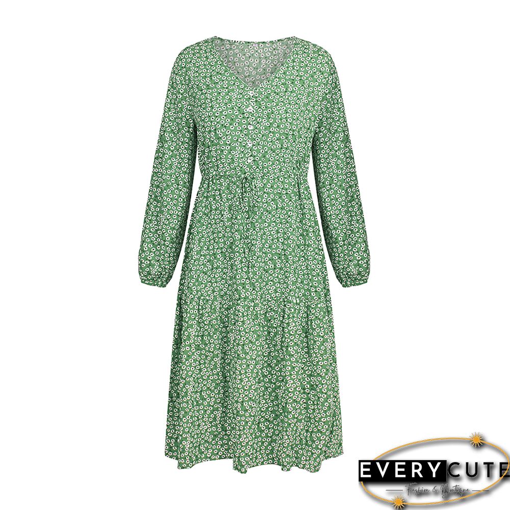 Light Green Floral Print V Neck Long Sleeve Dress