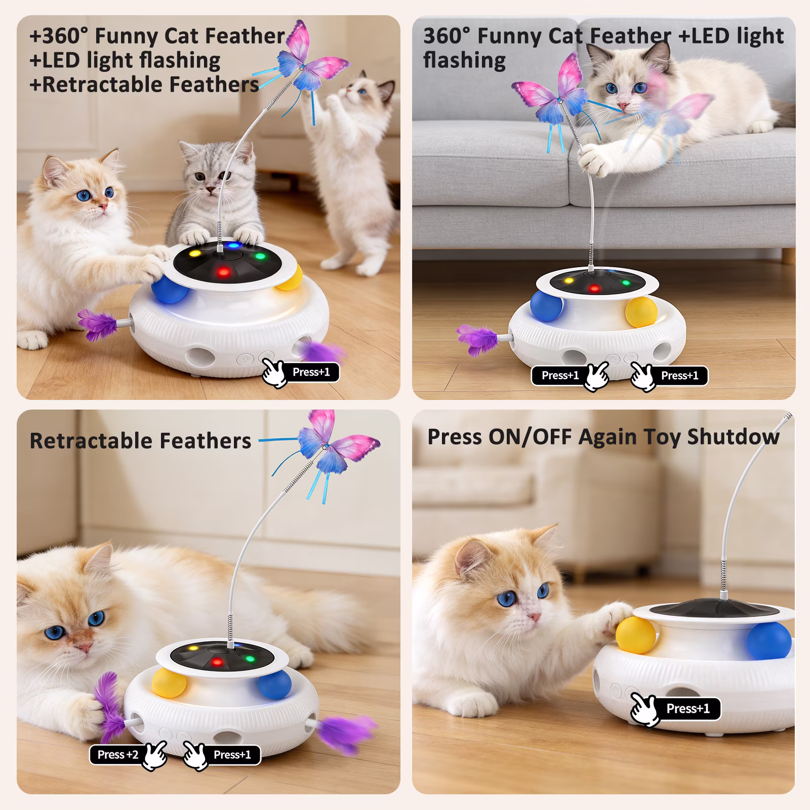 Three-in-one indoor interactive cat toy: Smart cat feather wand, USB rechargeable, White.
