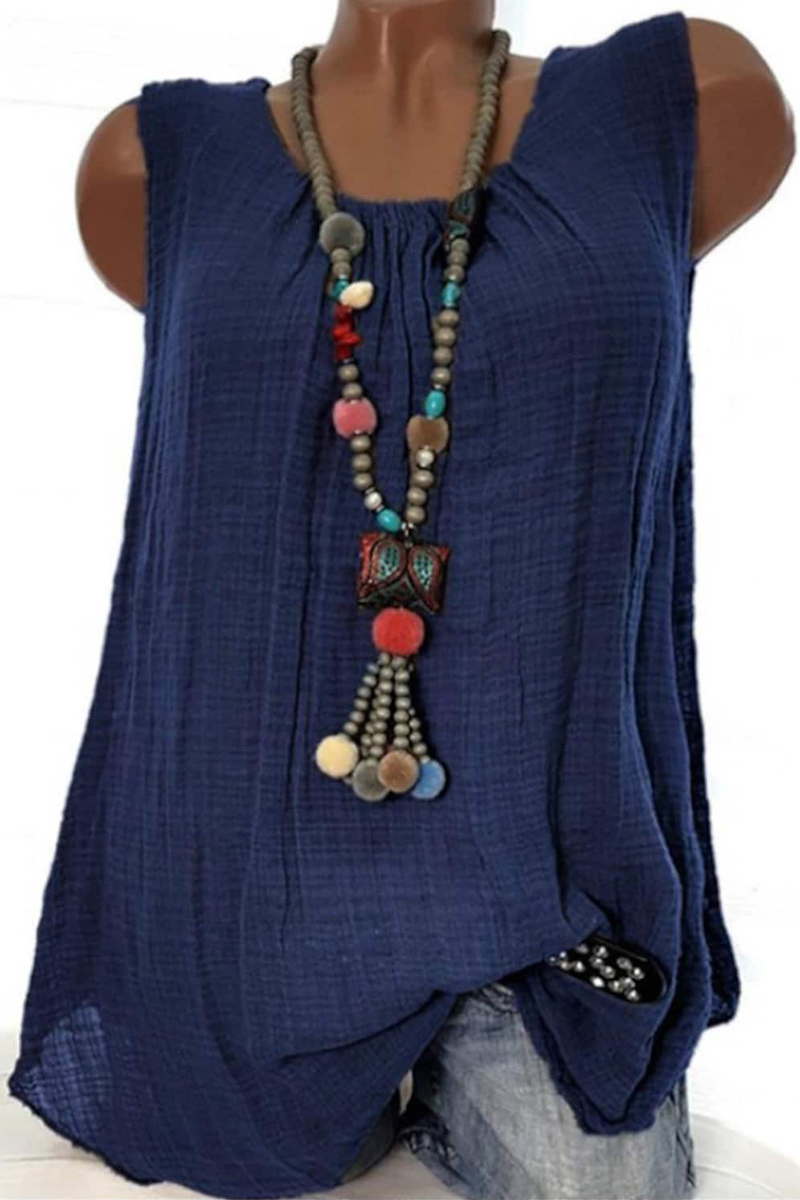 Flycurvy Plus Size Casual Navy Blue Linen Pleated Loose Solid Color Tank Top 2024 - Flycurvy 