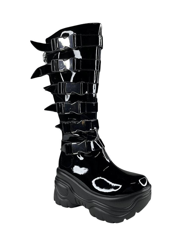 kirlah boot in patent plaid