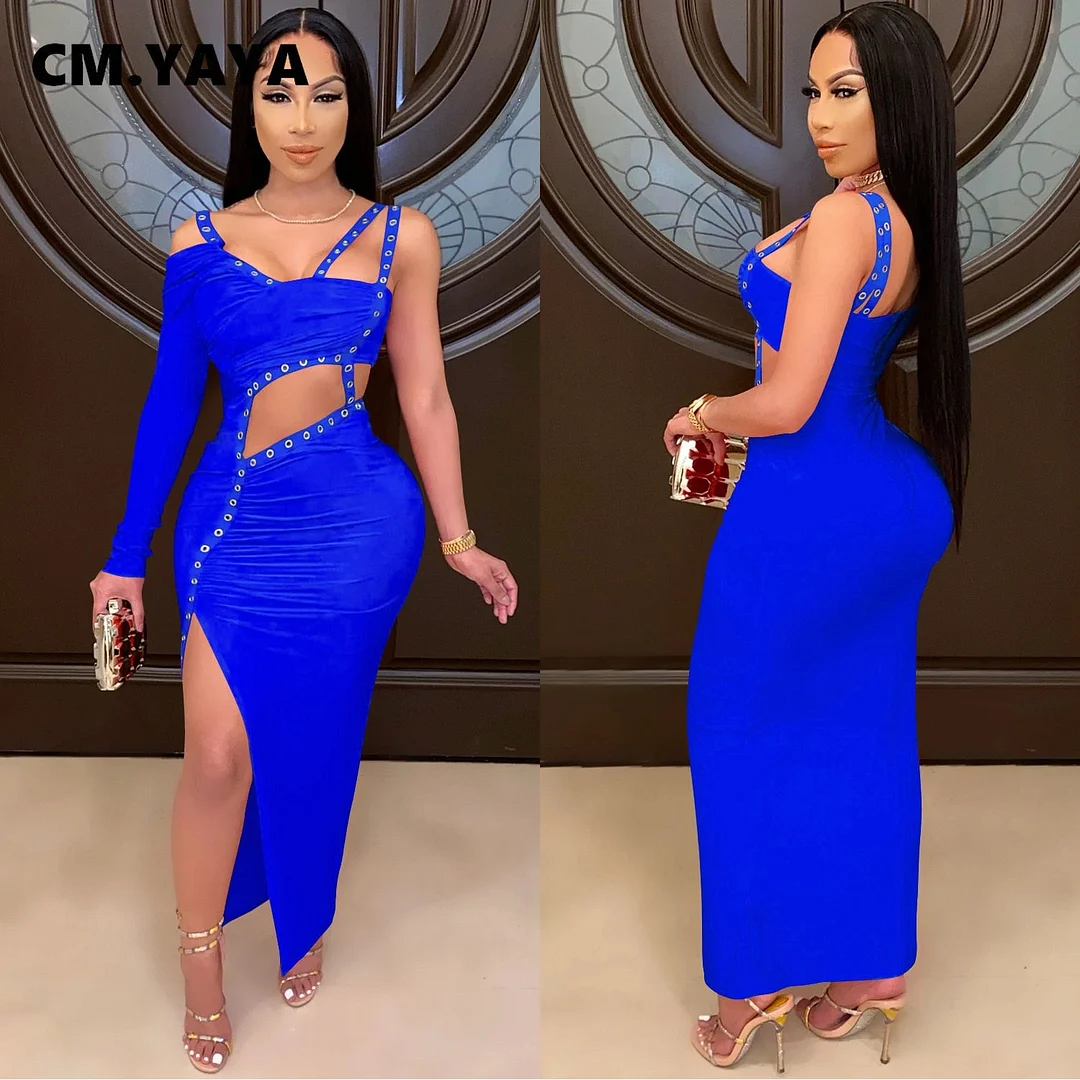 CM.YAYA Women Dress One Shoulder Full Sleeve Hollow Out Ankle-length Sheath Elastic Solid Party Dresses Summer New Fashion Dress