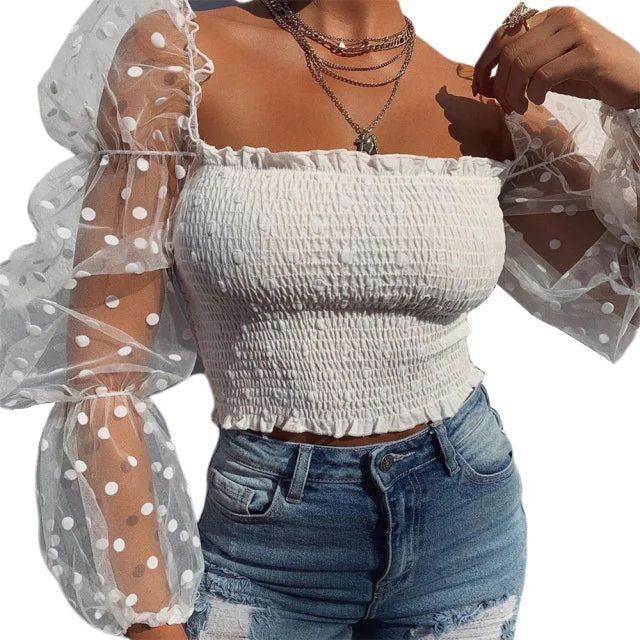 See-through Women Blouse Square Neck Polka Dot Puff Tube Long Sleeve Elastic Shirt