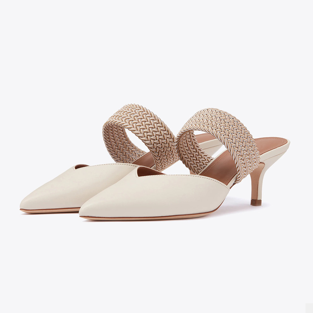 Ivory Pointed Toe Beige Braided Strap Kitten Heel Mules for Women Nicepairs