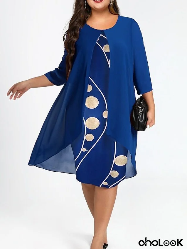 Women's Plus Size Dress Set Graphic Round Neck Ruched 3/4 Length Sleeve Spring Fall Work Formal Knee Length Dress Formal Work Dress / Layered / Print
