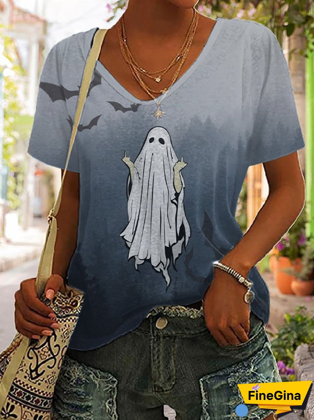 Women's Casual Ghost Art Printed Short Sleeve T-Shirt