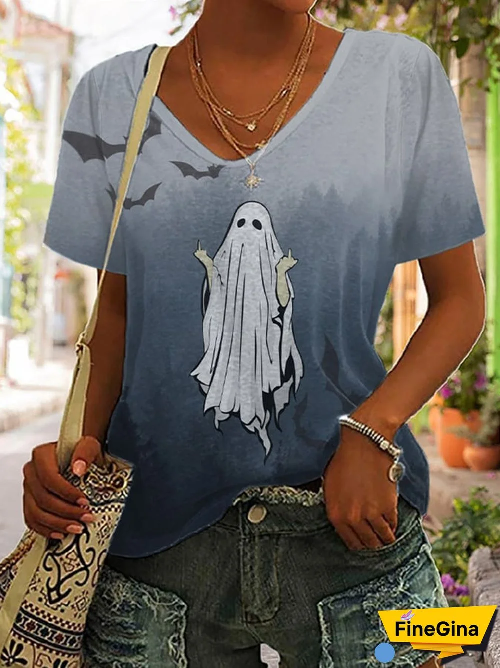Women's Casual Ghost Art Printed Short Sleeve T-Shirt