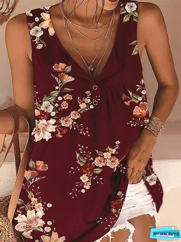 Printed V-Neck Twist Button Sleeveless Tank Top T-Shirt