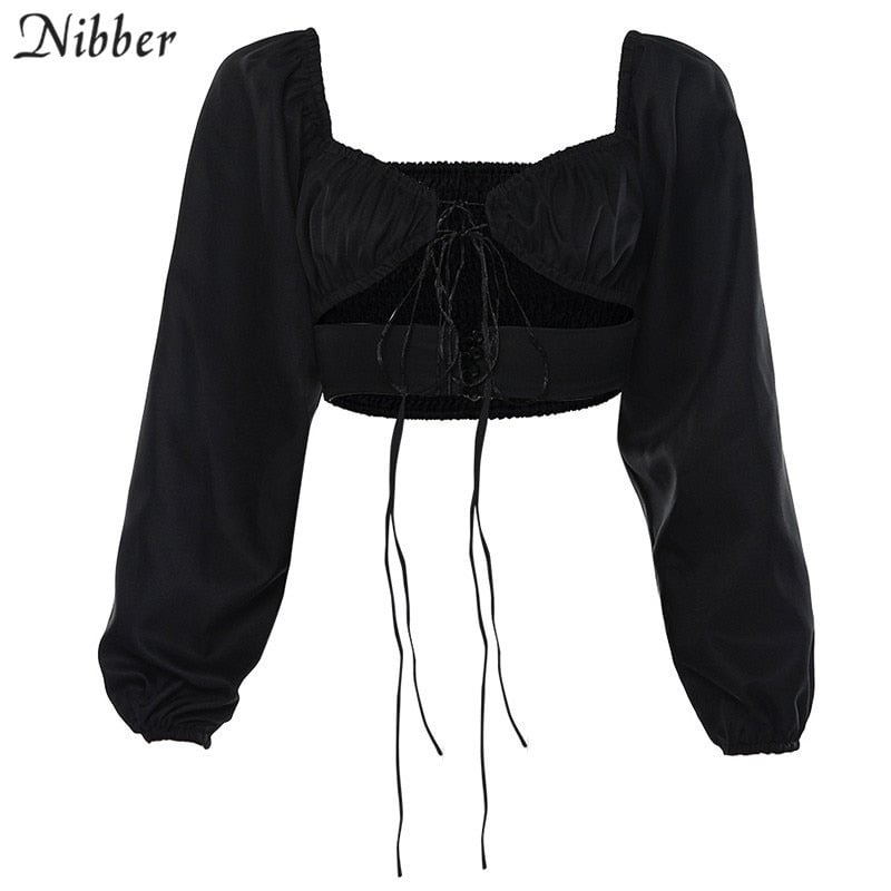 Nibber French romance sexy low cut crop tops 2019 autumn fashion office ladies street casual tee shirts Elegant white tops mujer