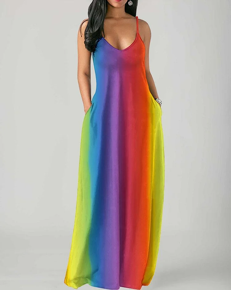 Color Stitching Print Side Pocket Maxi Dress