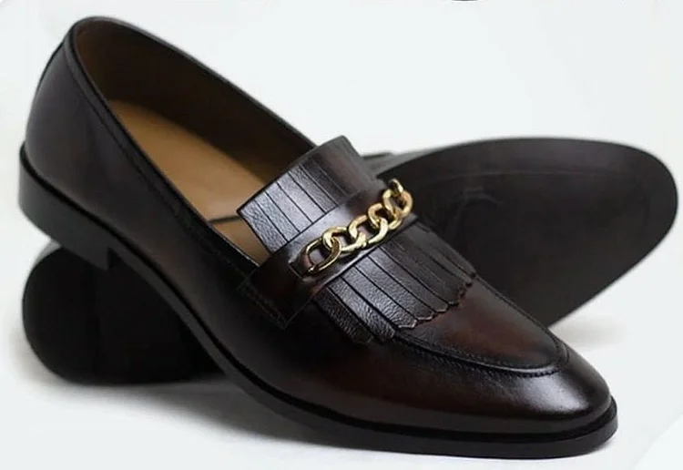 Handmade dark brown leather fringe shoes moccasins, Men leather loafer