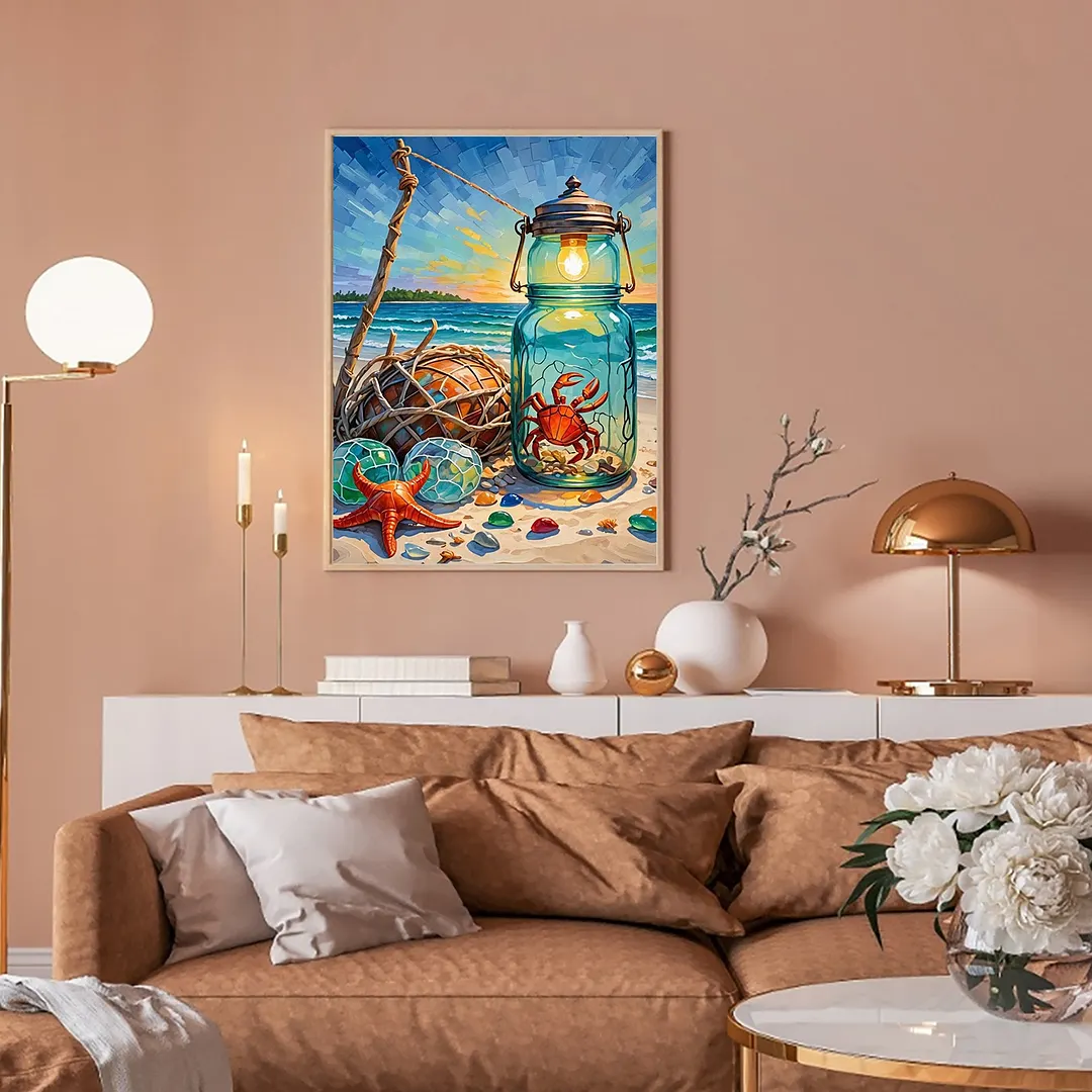 Beach Crab Jar Lantern 5D DIY Full Square Drill Diamond Painting Kits for Adults Beginners Home Decor Diamonds Dots Gem Art Kits Diamonds Paintings Gem Art 13.78x17.72inch
