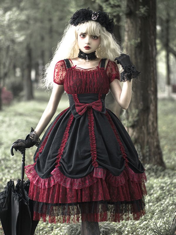 Gothic Lolita Dress Pleated Ruffles Burgundy Straps Women Empire Waist Dress Novameme