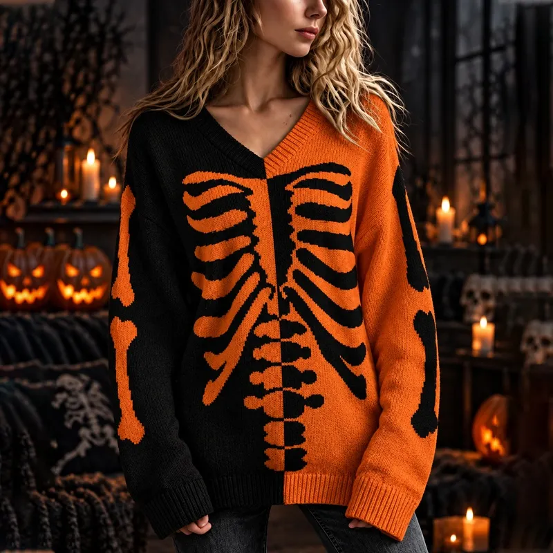 Comstylish Women's Halloween Colorblock Skeleton Knit V-neck Sweater