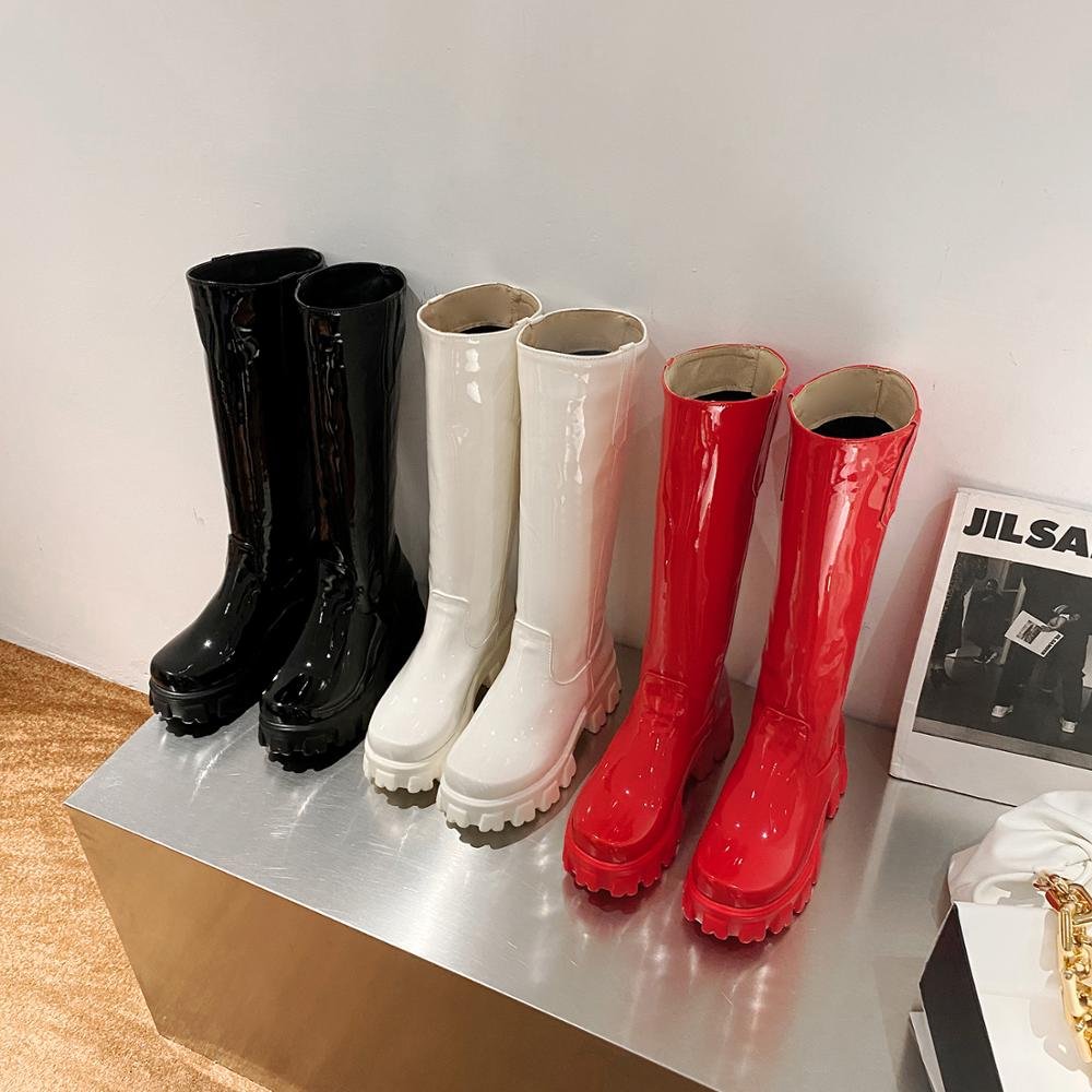 Women's Over The Knee-Length Boots Bright Leather Waterproof Platform Lnner Heightened Round Toe