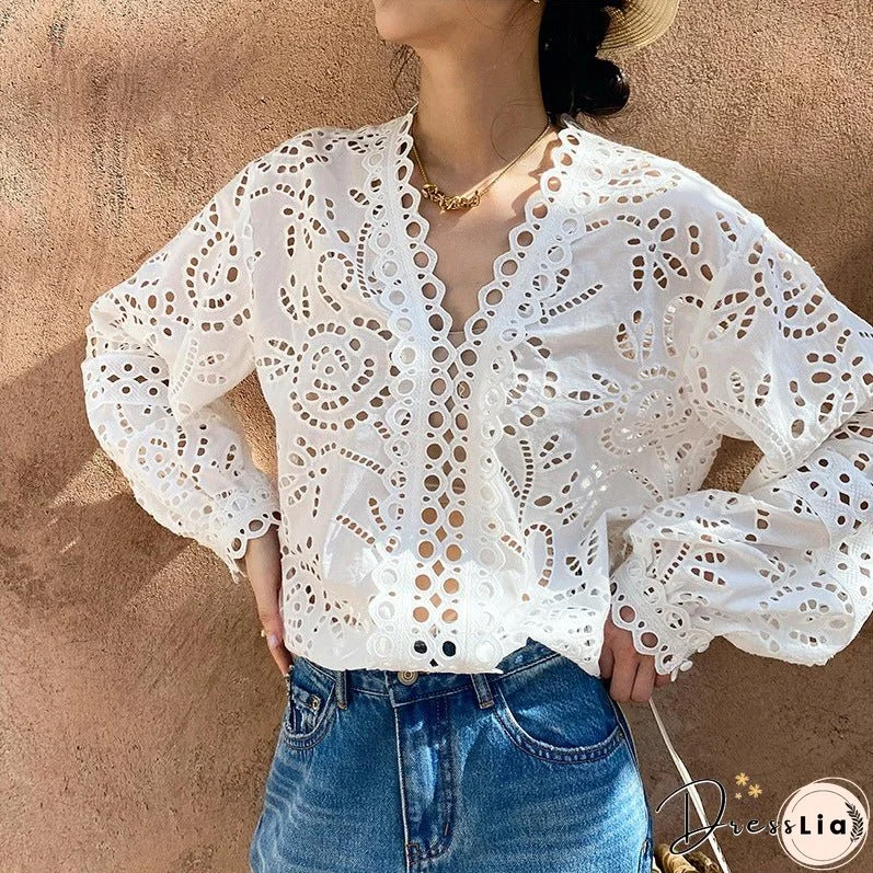 Women's Cotton Embroidered French White Shirt Long Clothing