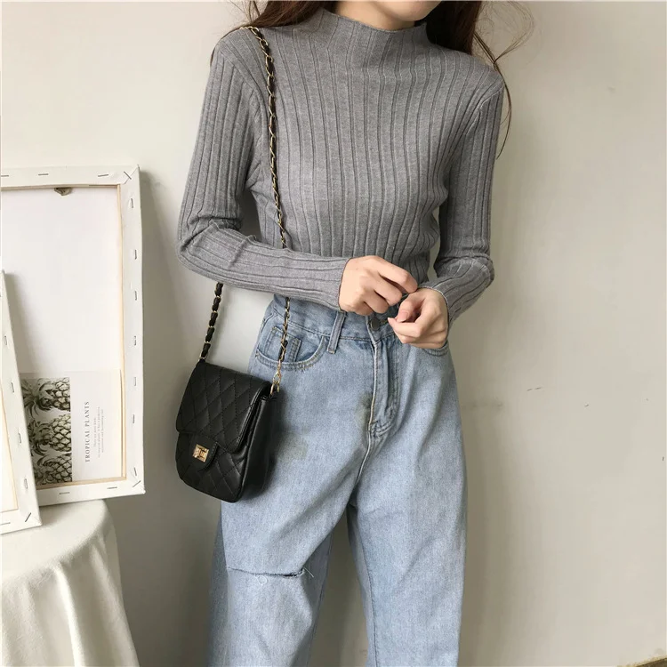 Uveng Uveng Winter Half-High Sweater Women Long Sleeve Pure Color Spring And Autumn Pit Stripe Loose Knitted Bottom Shirt