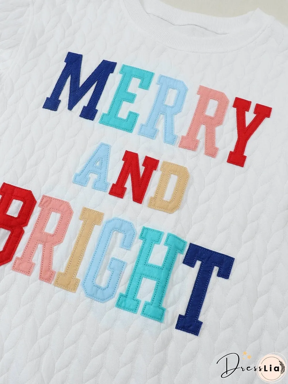 Cozy White Cable Knit Pullover with Merry and Bright Slogan