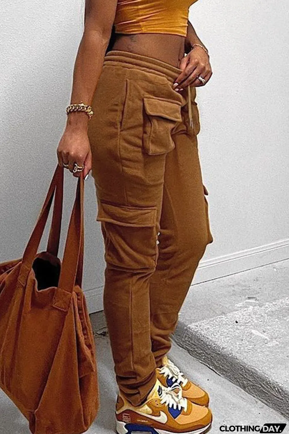 Yellow Street Solid Split Joint Pocket Straight High Waist Straight Patchwork Bottoms