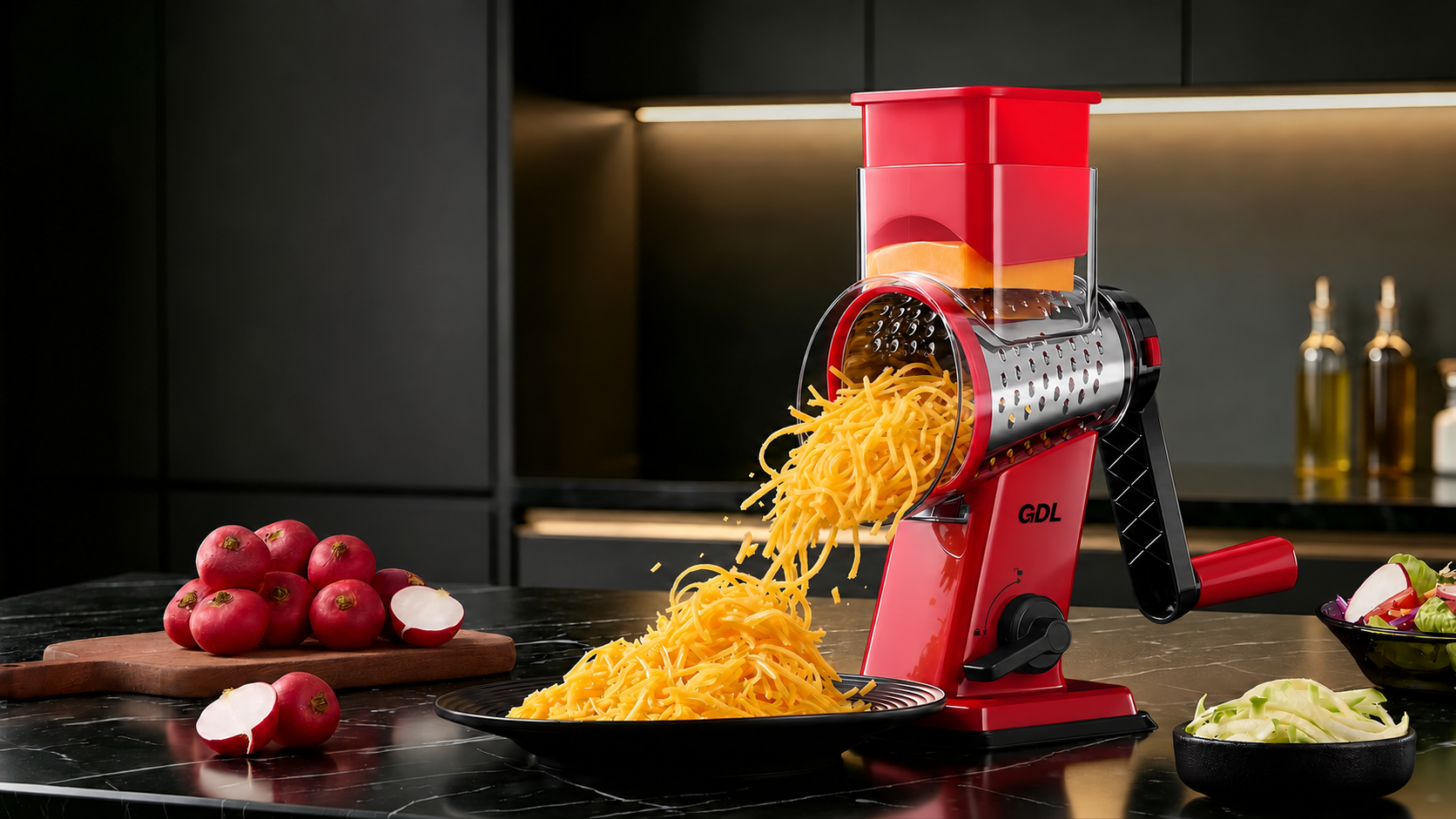 GDL PS-336S rotary grater preparing freshly grated cheese