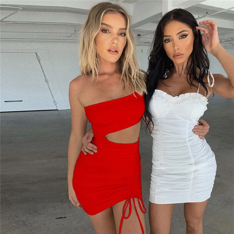 Articat One Shoulder Hollow Out Sexy Summer Dress Women Fold Drawstring Bandage Bodycon Dress Fashion Ruched Mini Party Dresses