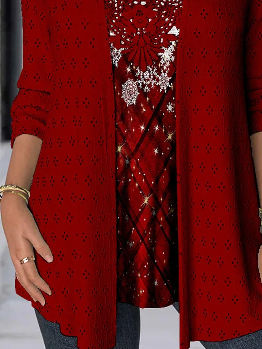 Women Long Sleeve Scoop Neck Snowman Snowflake Printed Printed Graphic Lace Two-Pieced Tops