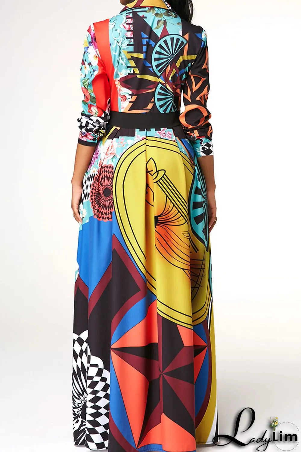 Colour Casual Print Patchwork Buckle Turndown Collar Dresses