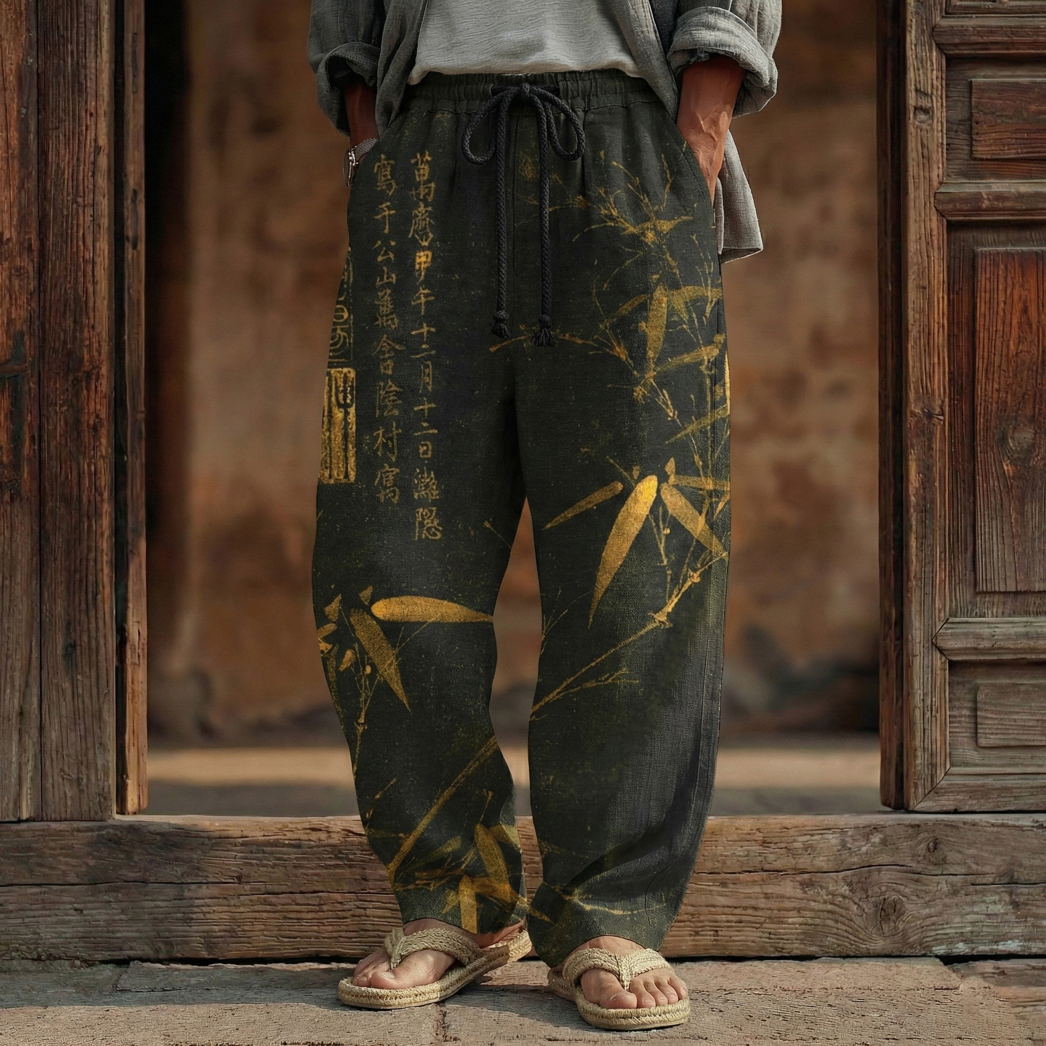 Men's Vintage Bamboo Calligraphy Art Print Linen Blend Pants  artssus