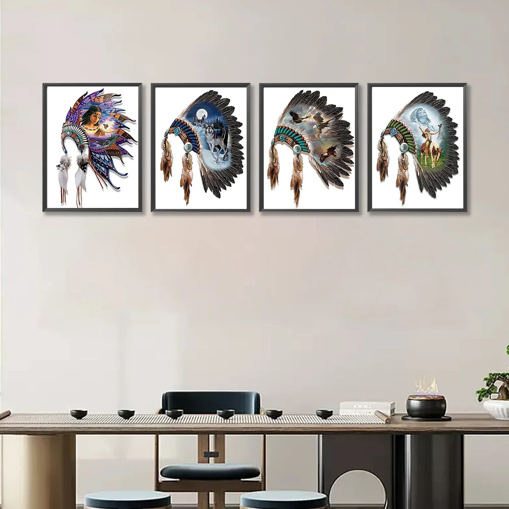4pcs/Set Diamond Painting - Full Round Drill - Indian Headdress(Canvas|30*40cm)