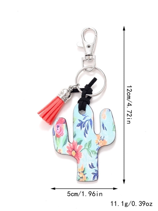 Classic Style Commute Cactus Printing Wood Bag Pendant Keychain