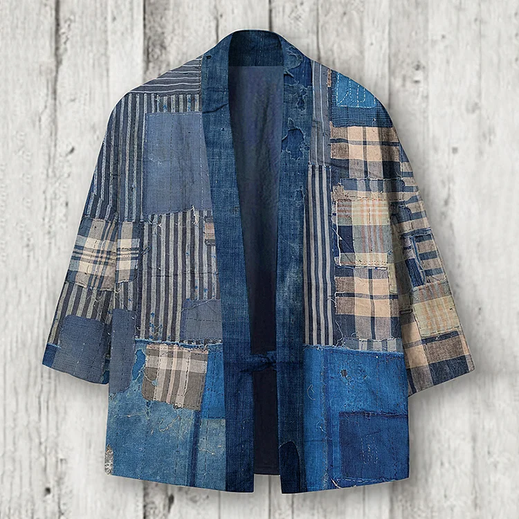 Comstylish Japanese Retro Stripe Check Patchwork Art Linen Blend Kimono Cardigan